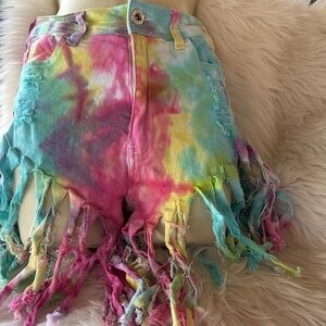 Colorful Tie-Dye Fringe Jean Shorts Med